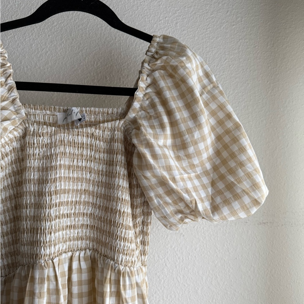 Petal & Pup Beige Gingham puffy sleeve Midi Dress